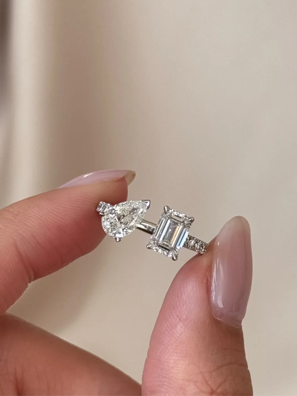 Toi Et Moi .50 CT Emerald + .50 CT Pear Cut Lab Grown Diamond Engagement Ring for Women - Image 7